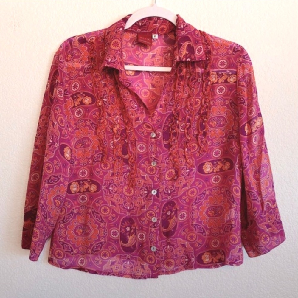 SOLD J. Was top, S, Persian print, 40",orange,,,excellent, NWOT,100% Silk